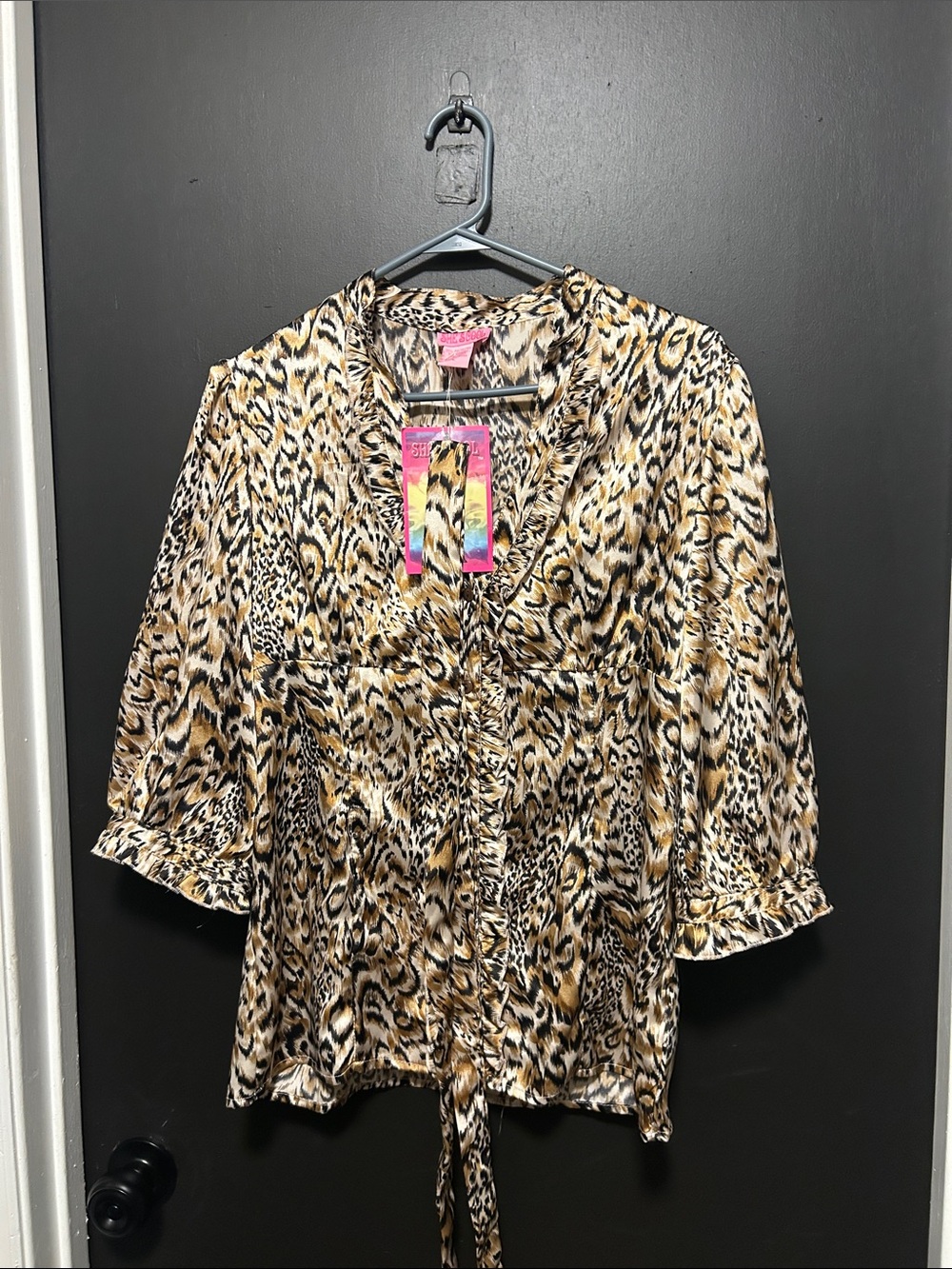 She's Cool Leopard-Print Tie Front Blouse in Brown and Cream